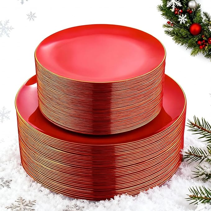 PULOTE 100PCS Red Plastic Plates Disposable Heavy Duty - Include 50 Dinner / 50 Dessert Plates for Party & Christmas