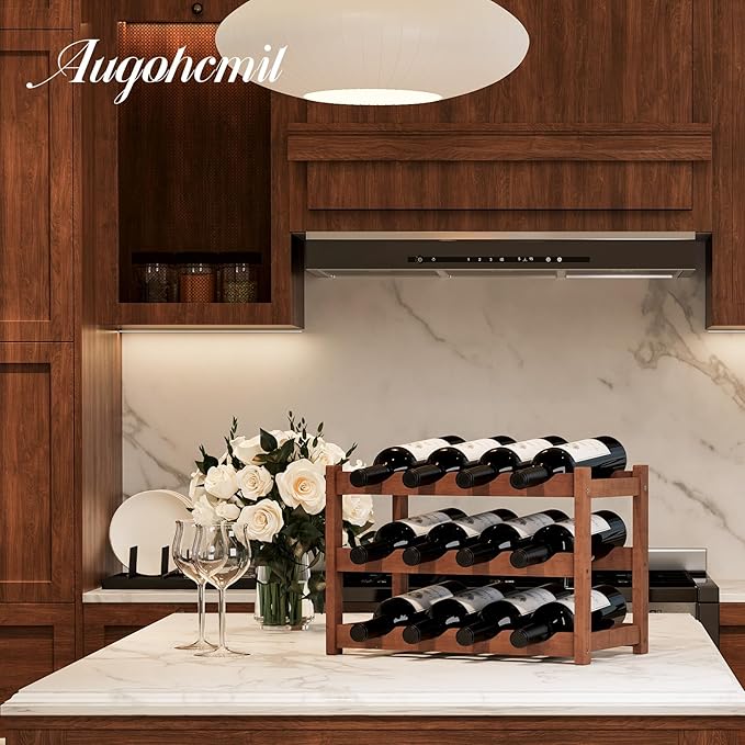 Wine Rack，Bamboo Wine Storage Cabinet Shelf，Countertop Wine Shelf- Freestanding Wine Holder for Kitchen & Pantry (Brown, 3-Tier)