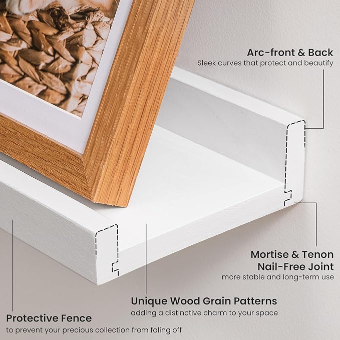 Solid Ash Wood Picture Ledge Shelf, 36 Inch Floating Shelves with Lip Set of 2, Photo Ledge Shelf Nursery Bookshelf Wall Mounted for Living Room Bedroom Decor, White