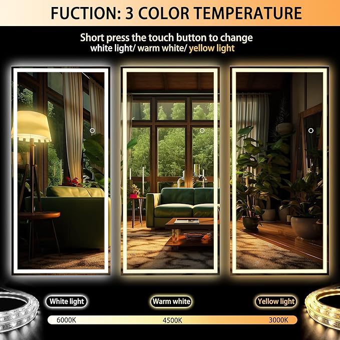 Hasipu Full Length Mirror with Lights, 75" x 28" LED Lighted Floor Standing, Full Body Dressing Hanging Mounted Mirror, Dimmable, Tempered Glass, Safe to Use, Square Black
