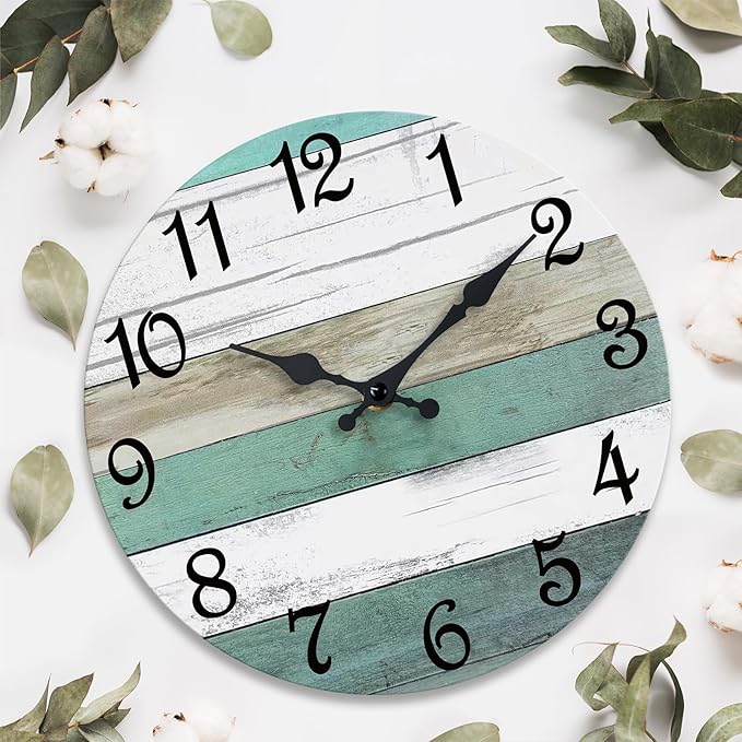 CHYLIN Wall Clock,14 Inch Wall Clocks Battery Operated Silent Non Ticking, Teal Turquoise Rustic Clock Decorative for Kitchen Bathroom Bedroom Living Room(Bronze White)