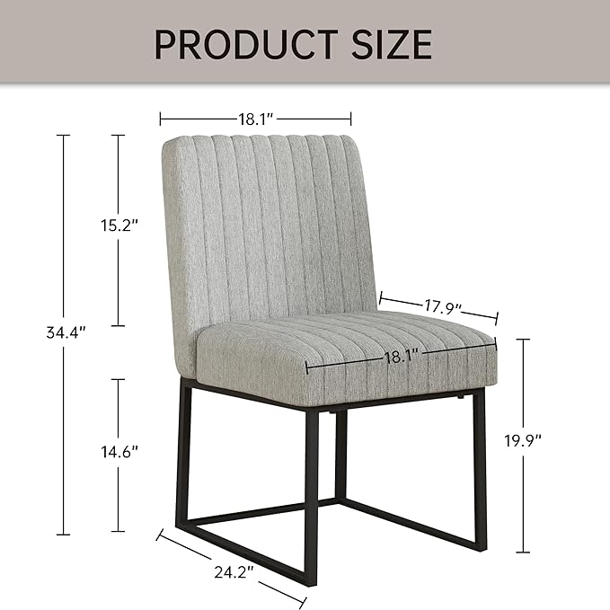 VKNOW Upholstered Dining Chairs Set of 4, Modern Dining Room Chairs with Stripe, Linen Kitchen Chair Dinner Chair with Black Metal Base for Kitchen Office, Light Grey