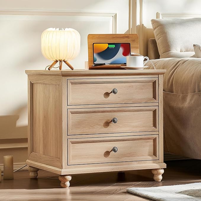 24" Wide Farmhouse Nightstand with Charging Station Set of 2, 37" Tall Rustic Chests of Drawers w/ 4 Solid Wood Feet, Farmhouse Furniture Series for Living Room,Bedroom,Wood