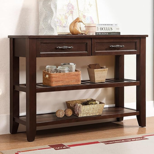 KEIKI 42”L Pine Solid Wood Entryway Console Table with 2 Storage Drawers, Mid-Century Retro Behind Couch Sofa Table with 2 Tiers Open Shelf for Hallway, Entrance, Entry Way, Living Room, Foyer