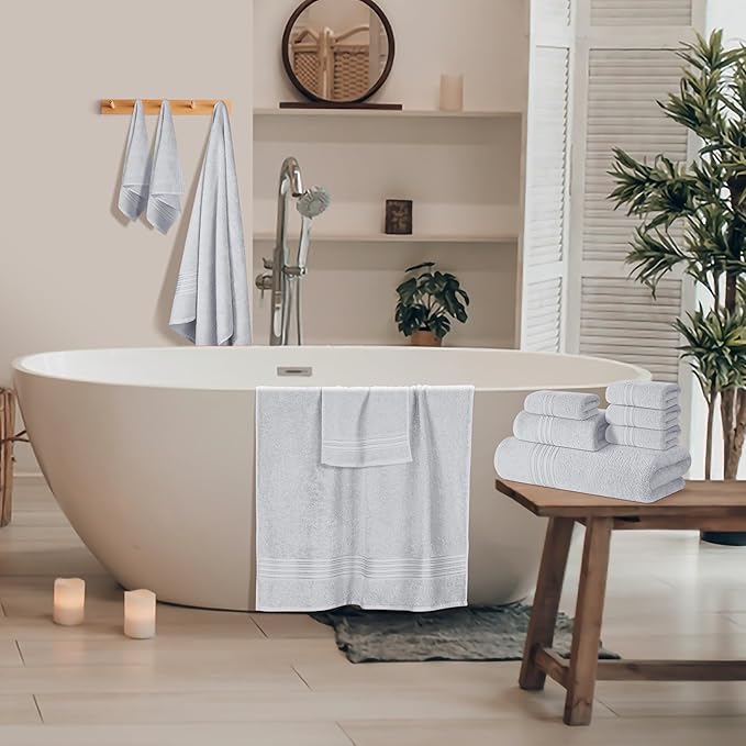 BOUTIQUO 100% Cotton Towel Set, Contains 4 Soft Bath Towel, 6 Hand Towels, 8 Wash Cloths - Compact Absorbent Lightweight & Quickdry Towels for Bathroom - 18 Piece Bathroom Towel Set - Light Grey