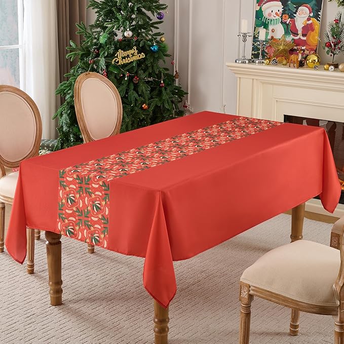 Christmas Tablecloth Rectangular 60x102 Inch Waterproof Table Cloth for 6ft, Washable Polyester Table Cover for Xmas Party, Winter Holiday Home Decoration in Festive Red 1pack