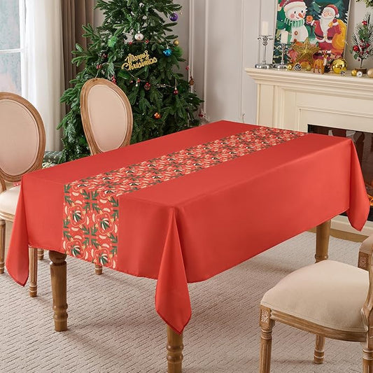 Christmas Tablecloth Rectangular 60x102 Inch Waterproof Table Cloth for 6ft, Washable Polyester Table Cover for Xmas Party, Winter Holiday Home Decoration in Festive Red 1pack