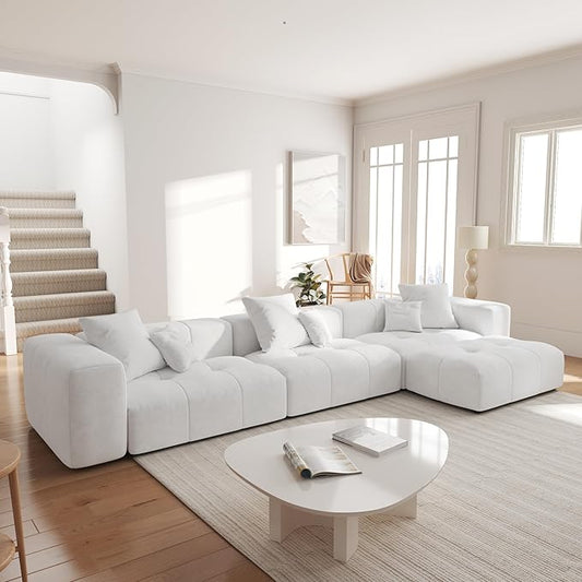 JACH 144.1 Inch L-Shaped Modular Sofas, Modern 3-Seater Couch with Chaise Ottoman, Mid Century Modern Sectional Couches, Cozy Sleeper Sofa for Apartment/Living Room (Linen Fabric, White)