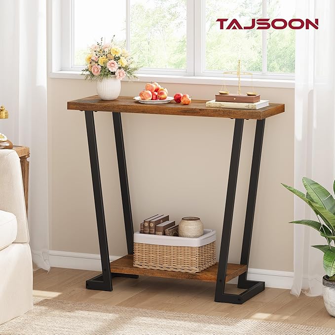 Tajsoon 2 Tier Narrow Console Table Rustic, 31.5'' Industrail Entryway Table with Storage, Thin Sofa Table with Gemometric Frame for Hallway, Living Room, Foyer, Entrance, Rustic Brown