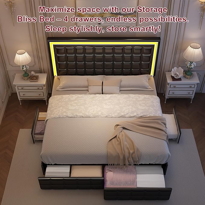 Full Led Bed Frame with 4 Storage Drawers, No Box Spring Needed, Supports 900 lbs, Easy Assembly, Quiet and Sturdy Design, PU Black