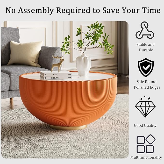 Round Coffee Table Set with Sintered Stone Tabletop, 29.53" Orange Drum Center Table and 19.69" Black Coffee Table Set, 2 Pieces Living Room Table Set with Fluted PU Leather Cover& Metal Base