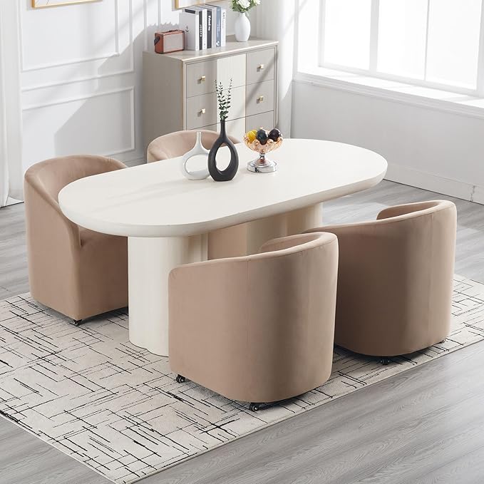 Set of 6 Modern Upholstered Dining Chairs with Swivel Casters, Velvet Barrel Back Accent Side Chair for Dining Room Living Room, Khaki