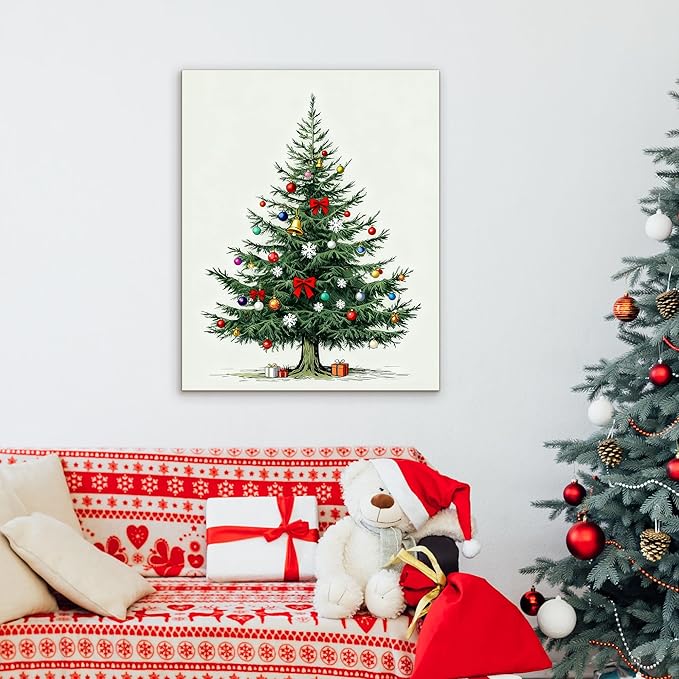 Framed Christmas Pictures Wall Decor,Vintage Pine Tree Prints,Winter Christmas Canvas Wall Art Decoration for Bedroom Bathroom Living Room Rustic Xmas Holiday Gifts (Christmas Tree 8, 11'' X 14'')