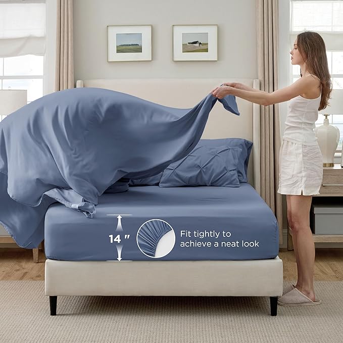 Bedsure California King Comforter Set - Bed in a Bag Cal King Bedding Set 7 PCS, GentleSoft™ Pintuck Bed Set Gift for Family, Pinch Pleat Slate Blue Comforter with Sheets, Pillowcases & Shams