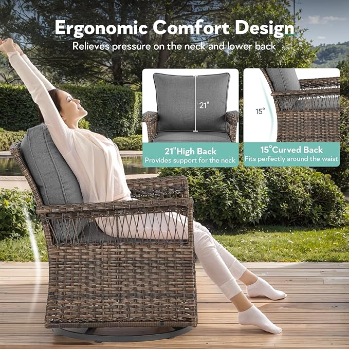 5 Pieces Wicker Patio Furniture Set - Hollow Widen Armrests Outdoor Swivel Glider Chairs with Side Table & Ottomans, Small Patio Conversation Set for Balcony Porch Deck and Yard - Brown/Gray