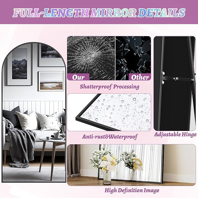 Floor Mirror, 64"×21" Full Length Mirror with Stand for Bedroom Living Room, Black