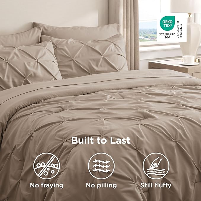 Bedsure King Size Comforter Set Khaki - Bed in a Bag Bedding Set 7 Pieces, GentleSoft™ Pintuck Bed Set Gift for Family, Pinch Pleat Khaki Comforter with Sheets, Pillowcases & Shams