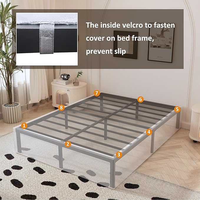 Cal King Bed Frame with White Fabric Cover, 14 Inch Heavy Duty Metal Platform Support Up to 3000 lbs with Steel Slats, No Box Spring Needed, Easy Assembly, Noise Free, Black
