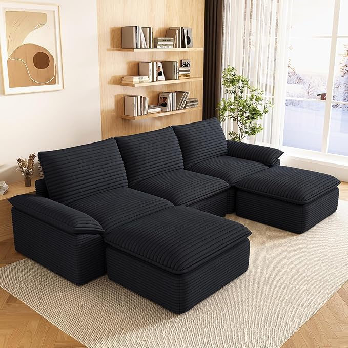 111" Cloud Sectional Couch with U-Shaped Chaise, Corduroy Sectional Sofa with Ottoman, Boneless Couch with Deep Seat in a Box for Living Room, No Assembly Required (Black)