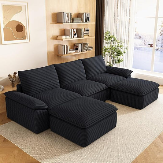 111" Cloud Sectional Couch with U-Shaped Chaise, Corduroy Sectional Sofa with Ottoman, Boneless Couch with Deep Seat in a Box for Living Room, No Assembly Required (Black)