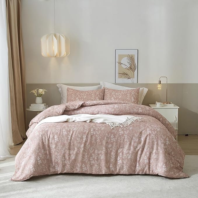 EAVD Vintage Garden Floral Comforter Set Full Grayish Pinkish Soft Microfiber Chic Cute Floral Bedding Comforter and 2 Pillowcases Fresh Reversible Botanical Comforter Set for All-Season