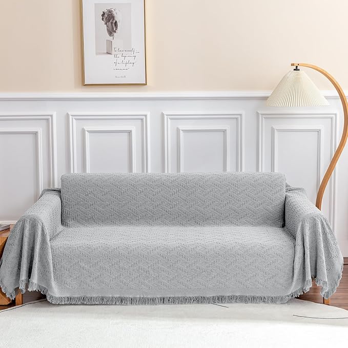 Deep Dream Sofa Cover, Sectional Couch Covers, Couch Covers for 3 Cushion Couch, Couch Cover for Dogs, Geometrical Jacquard Fabric Sofa Cover (XX-Large, 91" x 134", Light Grey)