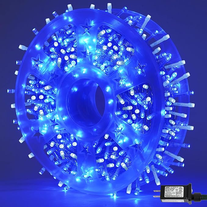 QITONG Blue and White Christmas Lights Outdoor Waterproof, 165ft 500 LED String Light Plug-in, Clear Wire Indoor Christmas Tree Lights with 8 Modes