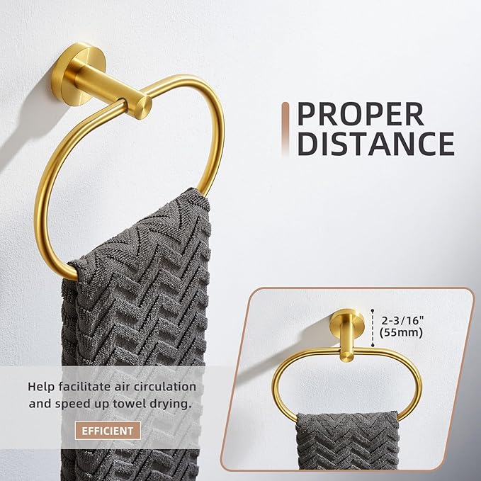Angle Simple Towel Ring Brassy Gold, SUS 304 Stainless Steel Swivel Hand Towel Holder for Bathroom Wall Mount