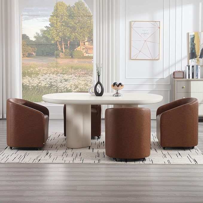 Brown Barrel Dining Chairs Set of 4, Modern Swivel Barrel Chairs with Casters Arms Comfy Faux Leather Upholstered Rolling Dining Chairs with Rollers for Living Room Reading Room Bedroom