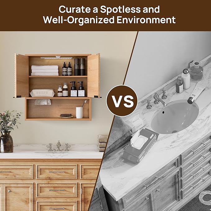 Bathroom Storage Cabinet with Motion Sensor LED Light, Wooden Medicine Cabinet Wall Mounted Cupboard with Disposable Face Towels Hole, Over Toilet Storage Cabinet and Adjustable Shelf (Oak)