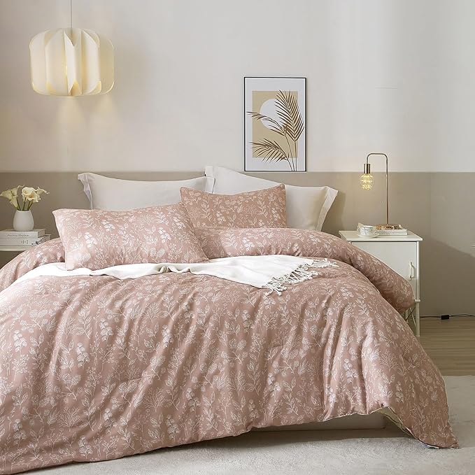 EAVD Vintage Garden Floral Comforter Set Full Grayish Pinkish Soft Microfiber Chic Cute Floral Bedding Comforter and 2 Pillowcases Fresh Reversible Botanical Comforter Set for All-Season