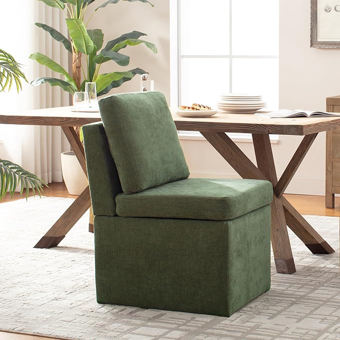 VKNOW Upholstered Dining Chairs, Modern Kitchen Chairs with Storage, Linen Armchair Dining Room Chairs for Kitchen Room (Green, Set of 2)