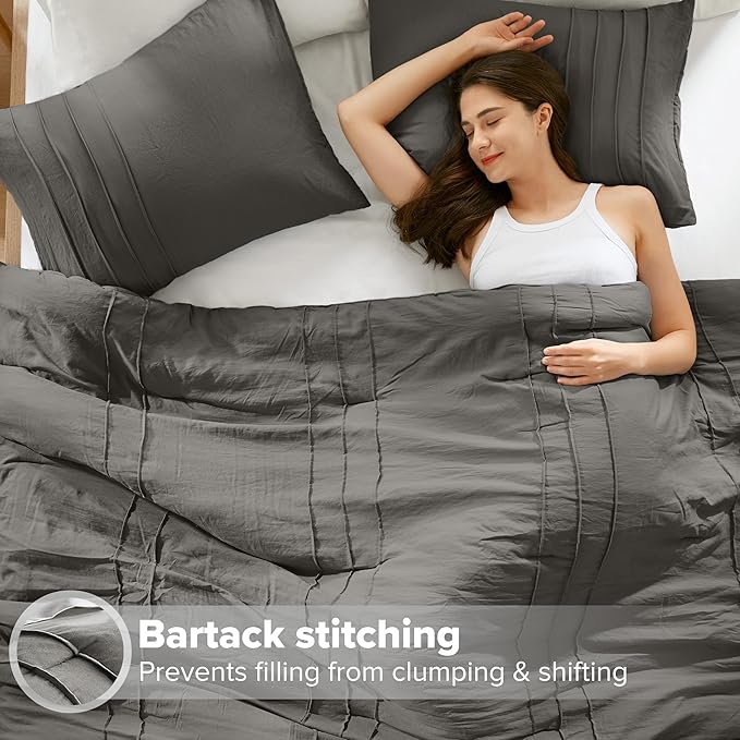 Comfort Spaces Grey Twin Size Comforter Set - 2 Pieces Pintuck Pleated Bedding Sets Twin, All Season Lightweight, Extra Softness Pre-Washed Microfiber Twin Bed Set, Shams, Twin/Twin XL