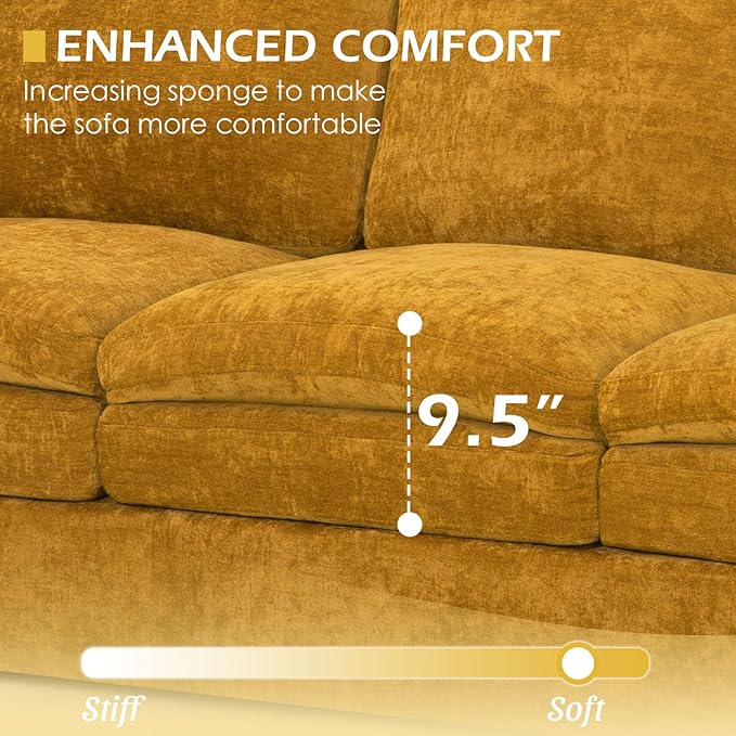3 Pieces Chenille Sofa Set w/Arm Pillows, Upholstered Loveseat & 2 Pieces 3 Seater Sofa w/Comfortable Back Cushions, Modern 2-Seat & 3-Seat w/High-Density Foam for Living Room, Yellow