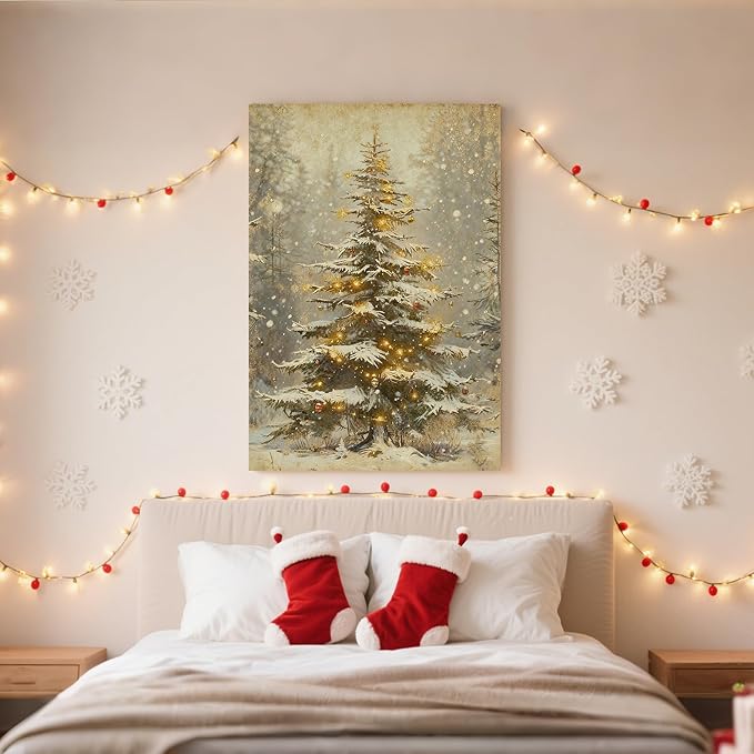 Framed Christmas Pictures Wall Decor,Vintage Pine Tree Prints,Winter Christmas Canvas Wall Art Decoration for Bedroom Bathroom Living Room Rustic Xmas Holiday Gifts (Christmas Tree 2, 16'' X 20'')