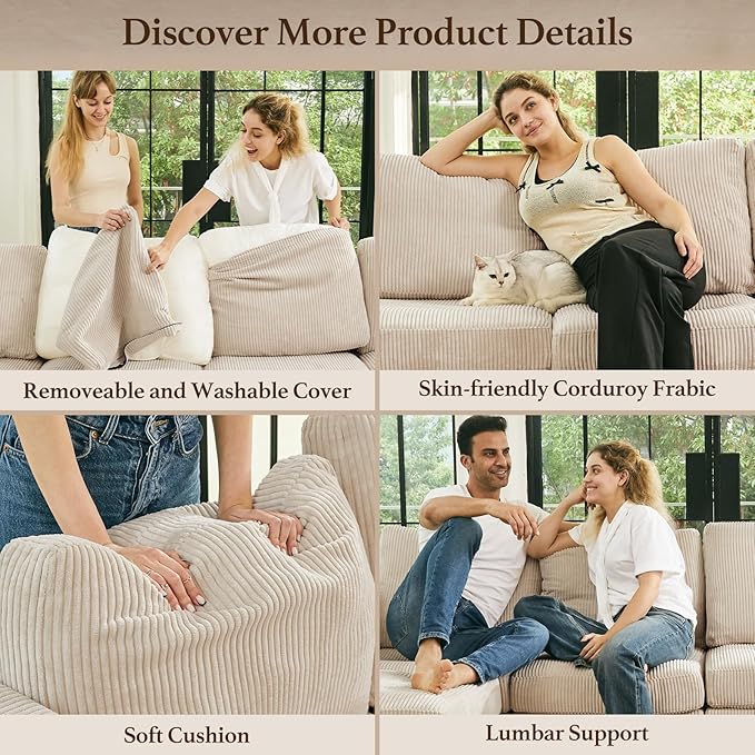 114.2" 5 Seater Modular Sofa with Deep Storage Seat,Corduroy Convertible L Shaped Sectional Couch,Modular Couch with Movable Ottoman Chaise,Upholstered Sectional Couches for Living Room,Beige