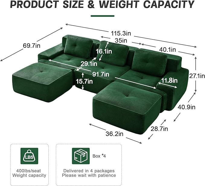 115.3'' Sectional Sofa, 32D Foam Corduroy Boneless Couch with Pillow, Deep Seat Wide Arm Sectional U Shaped Couch for Living Room, Apartment, Bedroom