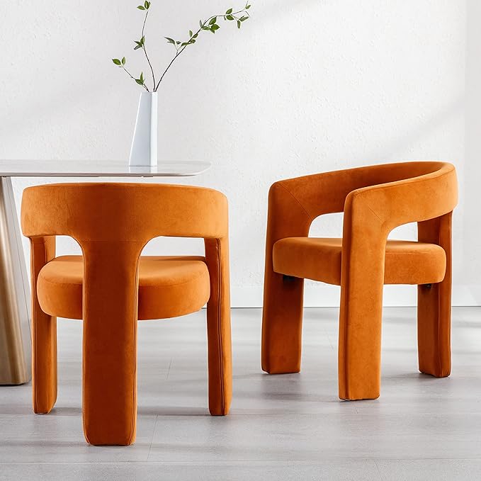 Modern Barrel Dining Chairs Set of 2, Velvet Upholstered Accent Side Chair with Arms Comfy Makeup Vanity Chairs, Dining Living Room Kitchen Chairs, Orange