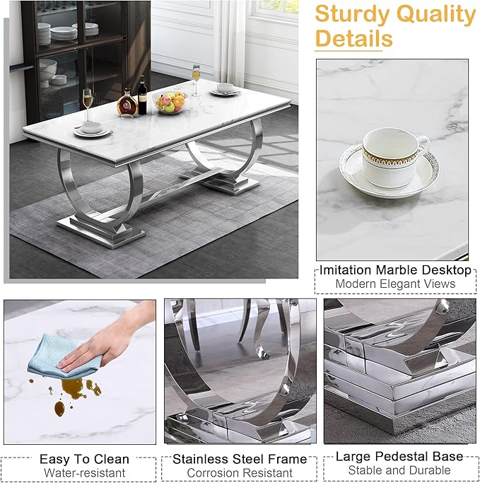 Goujxcy 5 Piece Marble Dining Table Set for 4, Luxury 70" White Marble Silver Kitchen Table with 4 Beige Velvet Upholstered Chairs, Modern 4 Person Dining Room Table Set for Kicken Dining Office Room