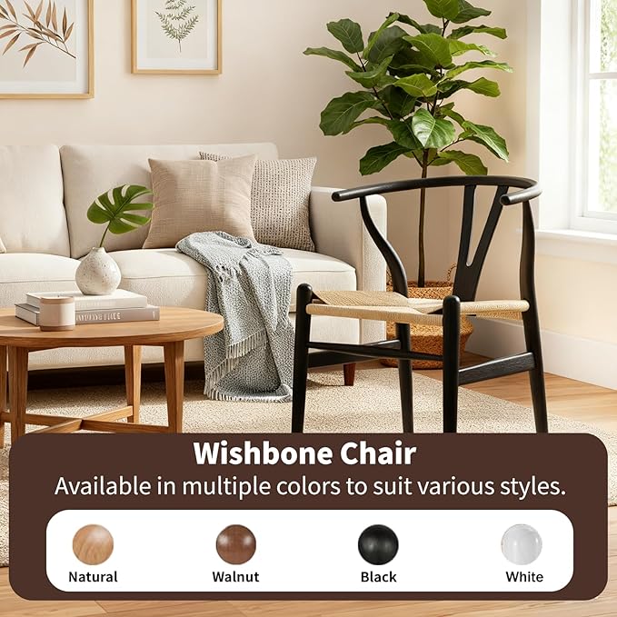 Wishbone Chair Natural Solid Wood Dining Chair/Hans Wegner Y Chair Rattan and Wood Accent Armrest Chairs - Ash Wood Chairs Set of 4 (Ash Wood - Black + Natural Color)