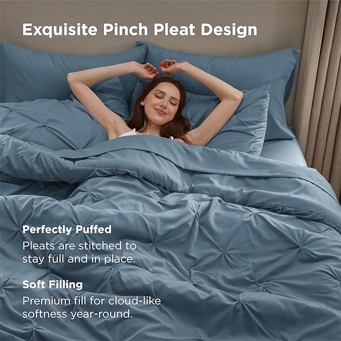 Bedsure Full Comforter Set Mineral Blue - Bed in a Bag Full Size Bedding Set 7 Pieces, GentleSoft™ Pintuck Bed Set Gift for Family, Pinch Pleat All Season Comforter with Sheets, Pillowcases & Shams
