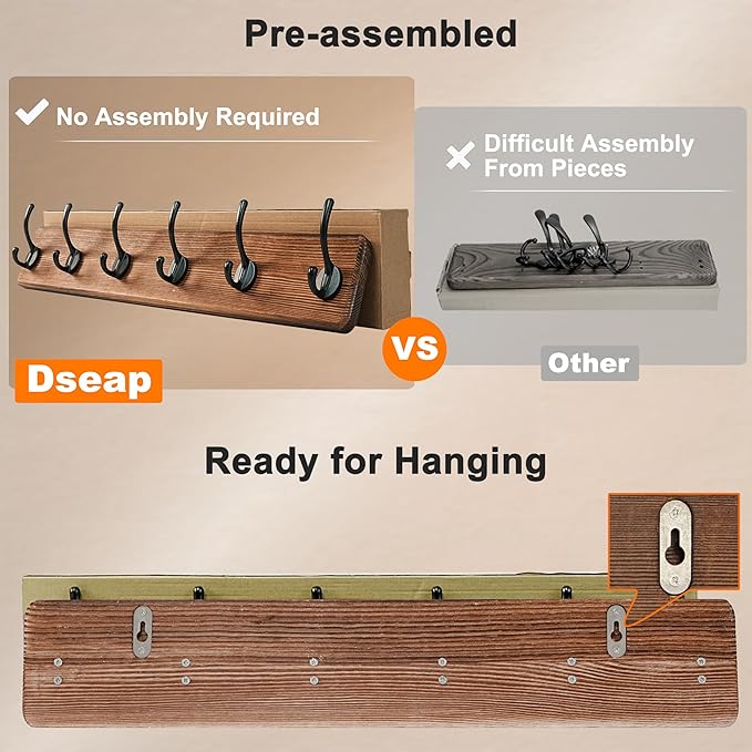 Dseap Coat Rack Wall: 24" Long, Patented, Heavy-Duty, 6-Double-Hooks Wooden Wall Mounted Coat Rack Coat Hanger Hook Rail for Winter Coats Hat Jacket Clothing, Light Brown, Pack of 2