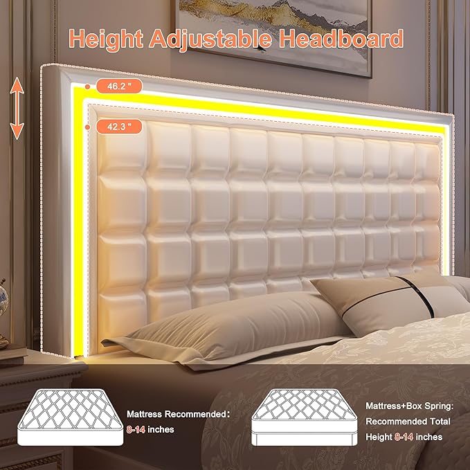 Queen Bed Frame with LED Lights & Storage Drawers, No Box Spring Needed, Heavy Duty 900lbs Weight Capacity, Easy Assembly, Modern Upholstered Platform Bed, PU White