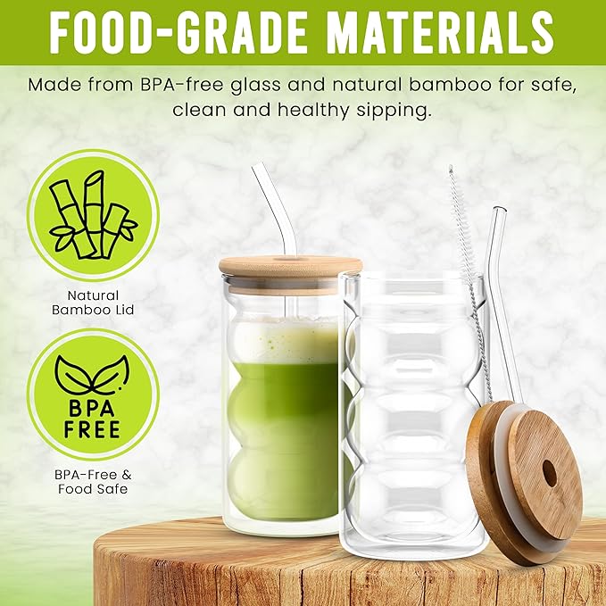 HAPPY PATH & CO. 2 Double Wall Glass Cups with Lids and Straws 16oz (480ml) - Glasses Drinking Set | Glass Tumbler with Bamboo Lid | Ribbed Bubble Glass Cups for Matcha, Coffee and Other Smoothies