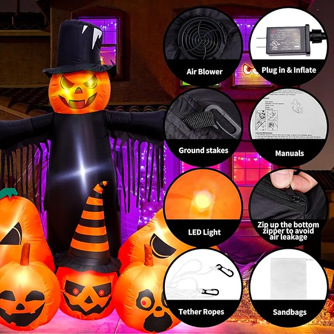 Max Fun 7FT Halloween Inflatables Pumpkin Decorations with LED Build-in Halloween Yard Decoration Blow Up Inflatables for Outdoor Indoor Garden Lawn (7Ft-Halloween Pumpkin)