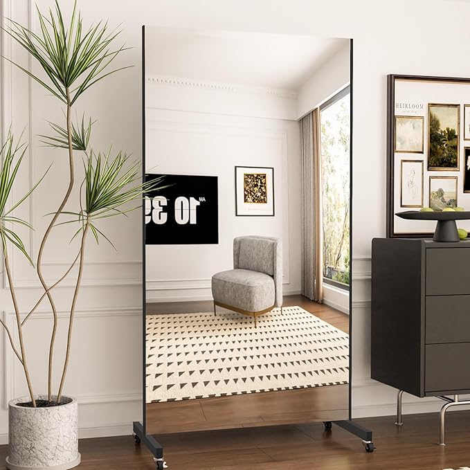 Full Length Mirror with Wheels, 71 "x 40", Black, Nano Film Material Without Glass, shatterproof, Safe, Lightweight, only 13lbs Easy to Move and Install, for Home Gym, Dance & Yoga Studios.