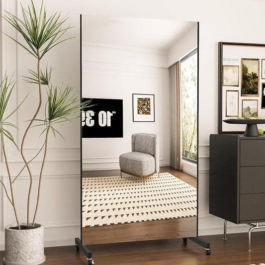 Full Length Mirror with Wheels, 79" x 44", Black, Nano Film Material Without Glass, shatterproof, Safe, Lightweight, only 16lbs Easy to Move and Install, for Home Gym, Dance & Yoga Studios.