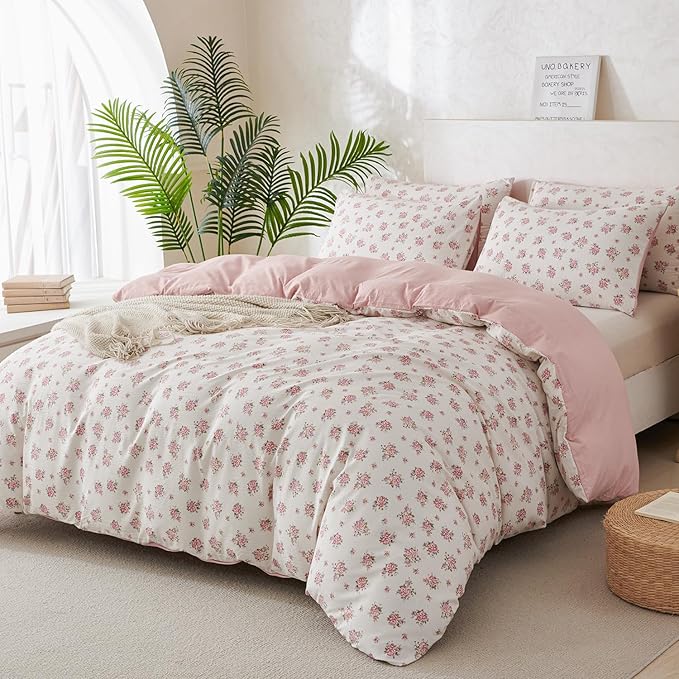 Flower King Comforter Set Soft 3 Pieces Chic Crinkle Gauze Fabric Garden Style Floral Print Botanical Comforter for All Seasons Luxury Warmth Comfy Breathable with 2 Pillowcases