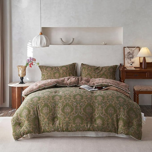 EAVD Paisley Floral Comforter Set King Soft 100% Muslin Cotton Boho Green Bedding Set with 2 Pillowcases Vintage Floral Botanical Comforter Set for All-Season