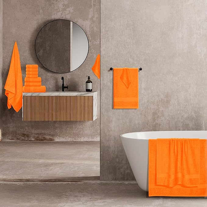 BOUTIQUO 24 Pack Cotton Towel Set, Contains 6 Bath Towels 27x54 inch, 6 Hand Towels 16x24 inch & 12 Wash Coths 12x12 inch, Ideal Everyday use, Ultra Soft Compact & Lightweight - Orange
